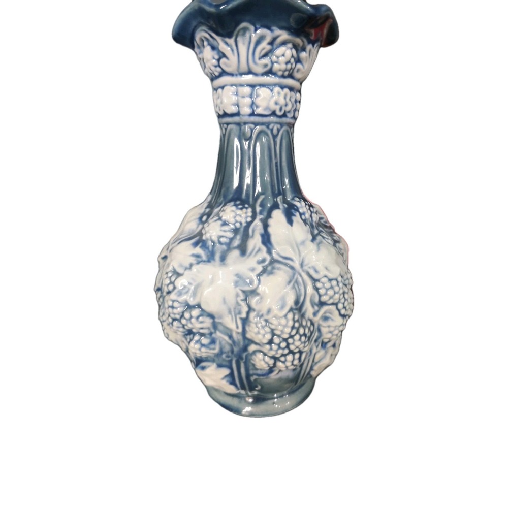 Vintage Blue Hand Carved Vase With Grape Motif 1987
